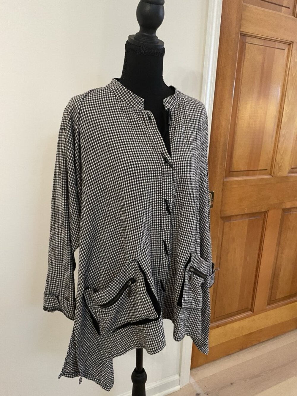Vintage Lagenlook Black Gingham Top Artsy Blouse Lightweight Jacket Art to Wear - Picture 3 of 8
